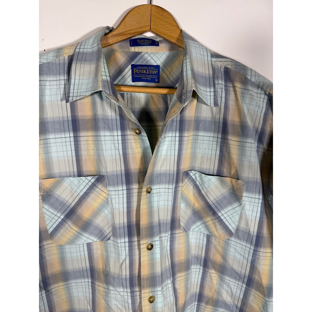 Pendleton Wave Shirt Mens XL Blue Yellow Plaid Cotton Short Sleeve Button Down